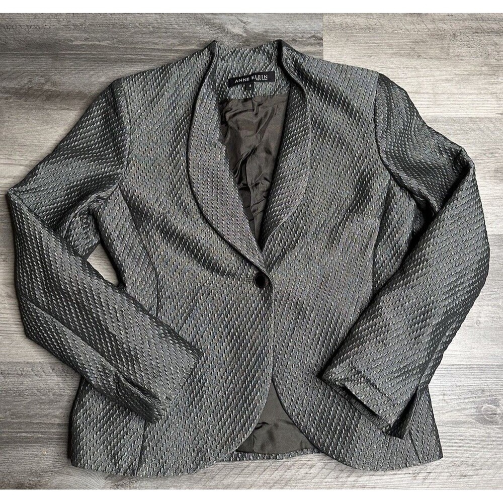 Anne Klein Blazer Women Size 4 Gray Jacquard Woven Pattern Short Suit Jacket
